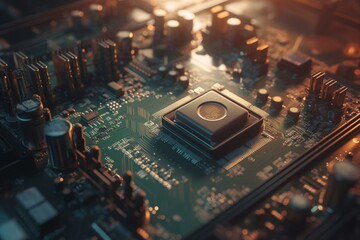 Fototapeta na wymiar Advanced printed circuit board with processor and microchips in 3D. Generative AI