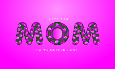 Happy mothers day banner with floral elements and tree branches on pink background