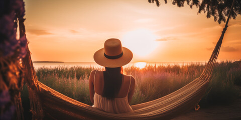 Young woman in a hat in hammock looking at lake in summer day on sunset. Generative AI.
