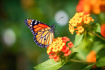 Beautiful image in nature of butterfly on yellow lantana flower against blurred background. Generative AI.