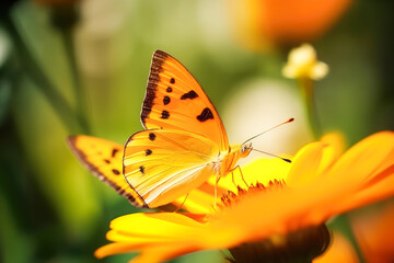 Obraz premium Beautiful image in nature of butterfly on yellow flower on against blurred background. Generative AI.