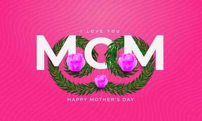 Mothers day banner design with word mom with floral elements pink rose and tree branches