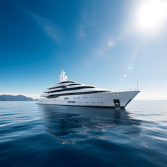Superyacht is moving fast on the water top view. Motor Yacht in motion top view. A huge super Mega yacht in white on dark blue water created with Generative AI technology.
