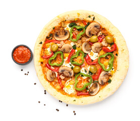 Vegetable pizza with sauce on white background