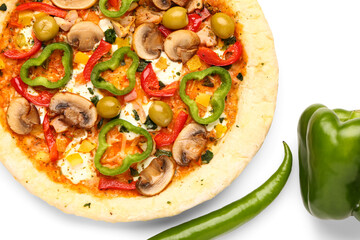 Vegetable pizza with pepper on white background