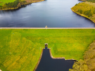 Naklejka premium Aerial view of Fewston Reservoir dam feeding into Swinsty Reservoir in Yorkshire