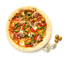 Vegetable pizza with olives and cheese on white background