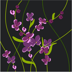 Fototapeta premium Decorative eco pattern of flying lilac flowers on a dark background. The wind blows
