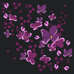 Obraz na płótnie Canvas Decorative eco pattern of flying lilac flowers on a dark background. The wind blows