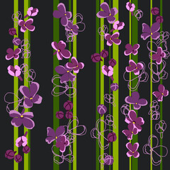 Striped pattern on a dark background. Lilac flowers on green stripes