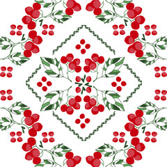 Beautiful decorative pattern of red viburnum berries and leaves on a white background. Traditional Ukrainian symbols