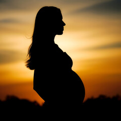 Pregnant woman silhouette with sunset background