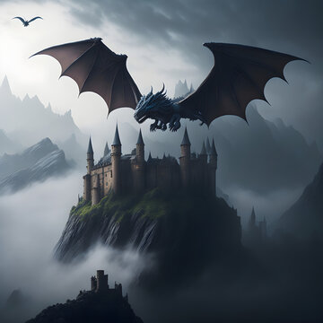 dragon flying over the castle