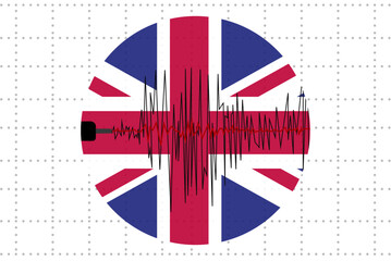 Earthquake in United Kingdom concept, seismic wave with flag, natural disasters news banner