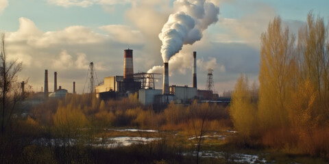 Industry metallurgical plant with heavy smoke causing air pollution on smoky sky background. AI generative illustration.
