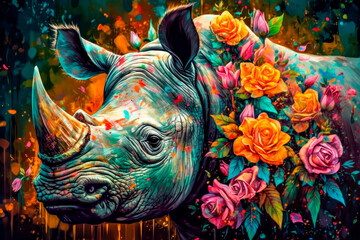 Obraz premium White rhinoceros in the flower garden. Colorful painting. Generative AI