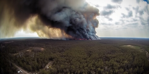 Fototapeta premium Aerial view burning dry forest trees at sunset time with smoke clouds. AI generative illustration.