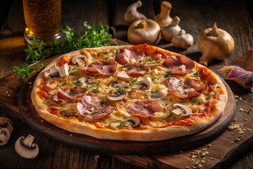 Obraz na płótnie Canvas Traditional Italian Pizza with Prosciutto and Funghi, ai generated
