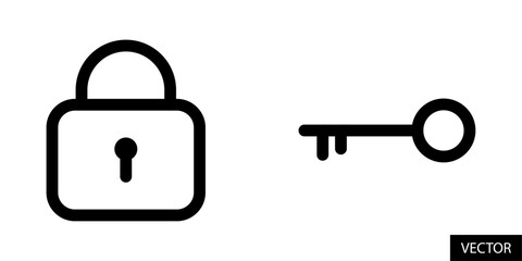 Lock and key, security and privacy concept vector icons in line style design for website, app, UI, isolated on white background. Editable stroke. Vector illustration.