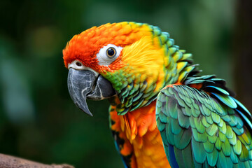 Obraz premium beautiful Scarlet macaw parrot in the park, close up. Generative AI