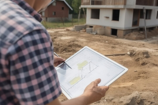 The man is carefully scrutinizing a cadastral plan to find the perfect building plot for his dream home construction