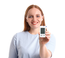 Woman with digital glucometer on white background