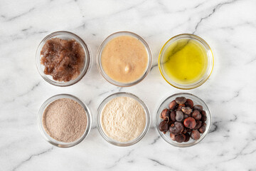 Different constituents of the baobab tree, fruit, seed and leaves used for food and cosmetics in powder and oil form