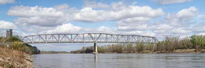 panoramic view of the Brownville truss ridge over the Missouri River on U.S. Route 136  from Nemaha County, Nebraska, to Atchison County, Missouri