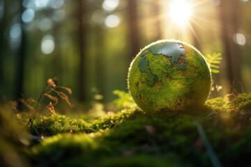 Obraz na płótnie Canvas The Green Globe nestled amidst the lush moss and trees of the forest serves as a powerful symbol of our responsibility to protect the environment and celebrate Earth Day.