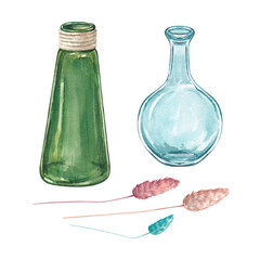 A set of glass vases with dried flowers on a white background. Watercolor illustration of interior items. French style. Collection Provencal bouquet. suitable for flyers, design