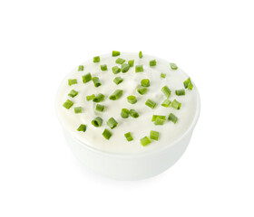 Bowl of tasty sour cream with green onion on white background