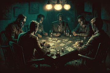 A Night of Conviviality and Competitive Card Play: An Illustration of the Poker Table. Generative AI