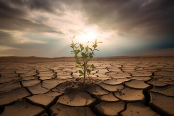 Plant Growing In Hot Dry Desert With Sunshine And Rain Storm Coming On The Horizon - New Life / Hope Concep