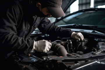 A skilled automotive technician is using a wrench to work on a car engine in a garage, emphasizing the importance of car repair services and maintenance checks before a vehicle is driven