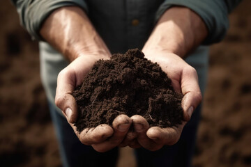 The use of modern technologies in agriculture, such as soil quality testing before seeding, is highlighted in this image showing a bird's-eye view of soil being examined in hands.