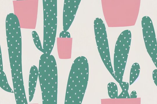 Cute white bunny with cactus and boho elements, kids Scandinavian pastel pink seamless pattern background for wrapping paper, fabric and textile print. Generative AI