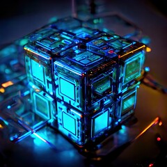 Cose up on a blue and cyan Rubik cube. Futuristic concept. Generative AI. 