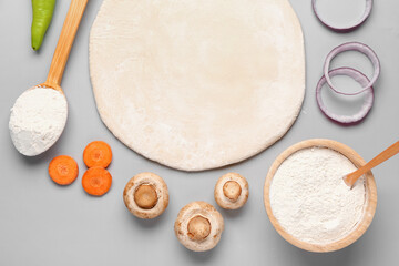 Raw dough and ingredients for preparing vegetable pie on grey background