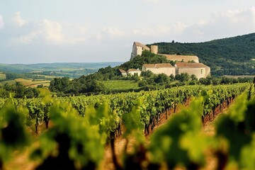 Fototapeta na wymiar Landscape with vineyards, Burgundy, France. Generative AI