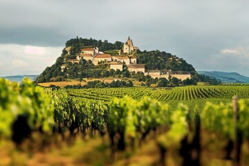 Fototapeta na wymiar La Roche de Solutre with vineyards, Burgundy, France. Generative AI