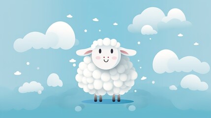 Cartoon Sheep in the clouds on a pale blue background. AI generation