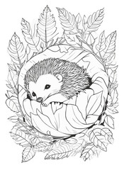 Hedgehog vector coloring book black and white for adults isolated line art on white background.