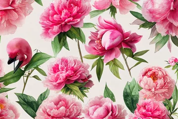 Behang Set watercolor pink flowers, garden roses, peonies, baby flamingo. Generative AI © MUNUGet Ewa