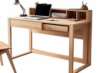 A wooden desk with a built-in shelf and drawer, perfect for a modern home office