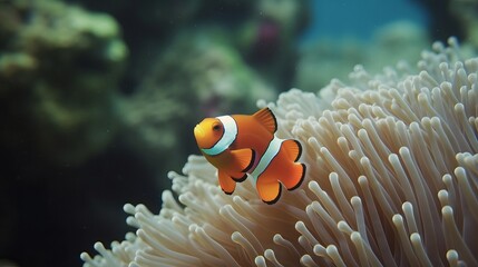 Naklejka na ściany i meble Clown fish and anemone on a tropical coral reef Generative AI