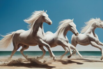 Naklejka na ściany i meble Three white horses galloping on the beach. Generative AI