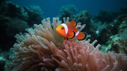 Naklejka na ściany i meble Clown fish and anemone on a tropical coral reef Generative AI