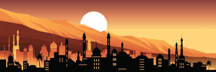 Night city buildings. Mosque and house silhouettes. Old arabian cityscape. Sunset town scenery. Sundown mountains. Arab evening. Scenic sky. Vector urban panorama background illustration