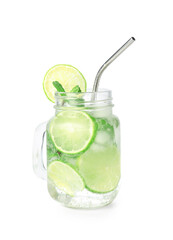 Mason jar of tasty mojito isolated on white background