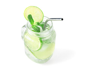 Mason jar of tasty mojito isolated on white background